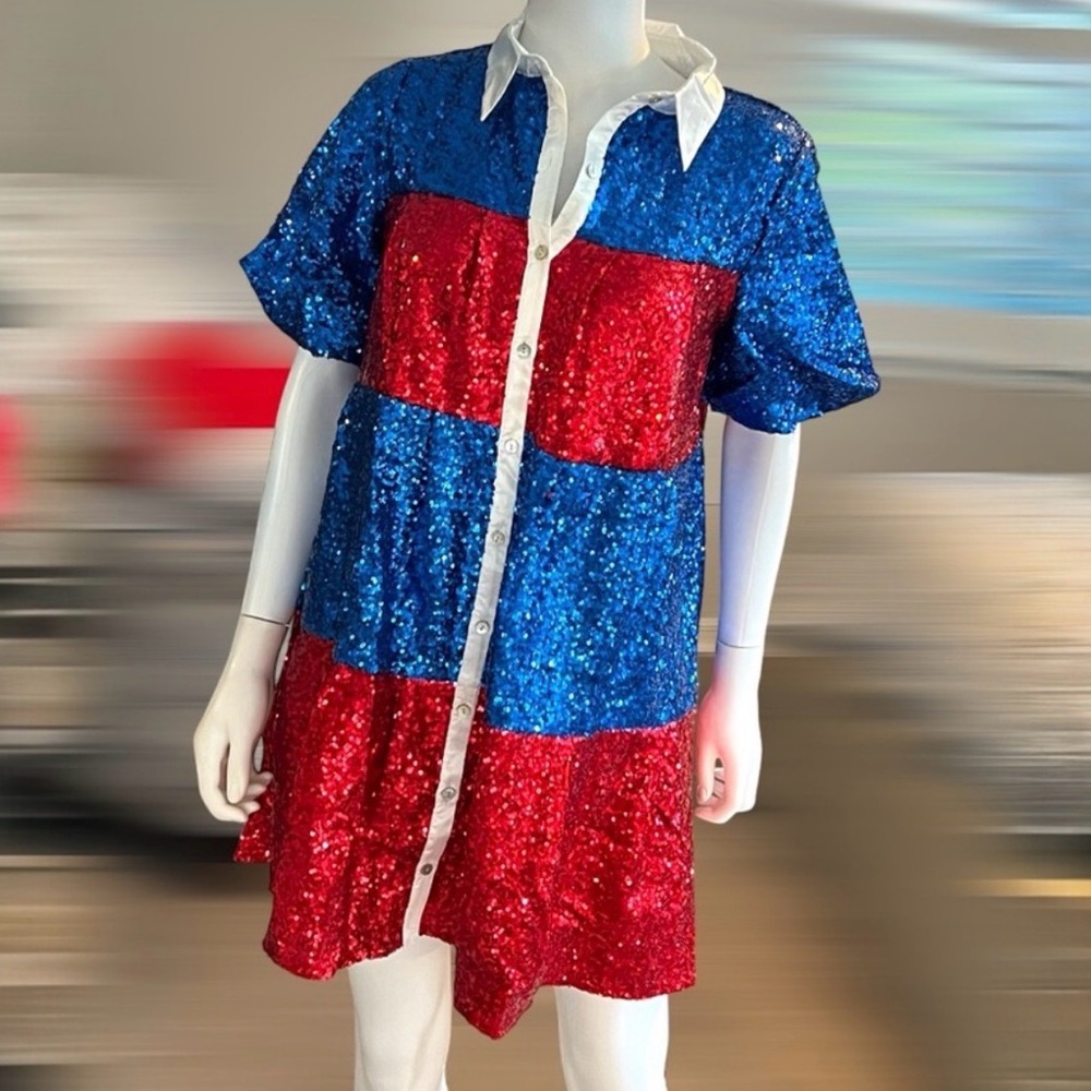PEACH LOVE CALIFORNIA Red and Blue Sequin Mini Dress S M L - Picture 3 of 7